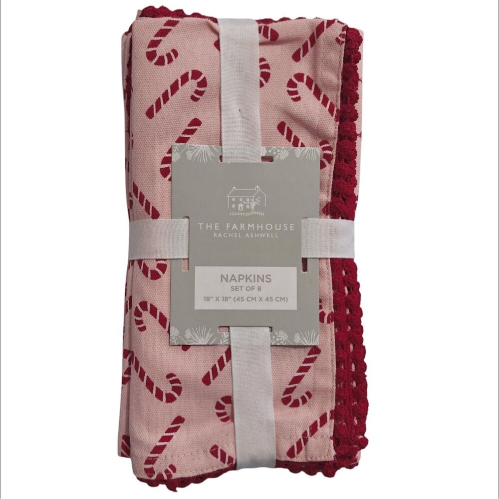 NEW Rachel Ashwell Farmhouse Christmas Candy Cane 8 Cloth Dinner Napkins Pink